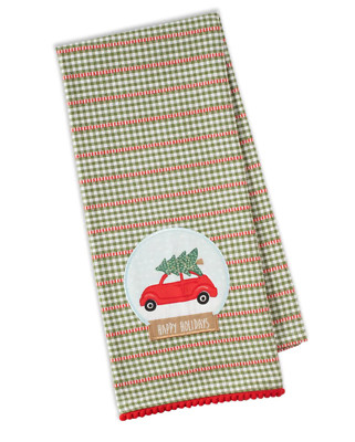 Brand new 100% cotton embellished Christmas car snowglobe dish towel 18