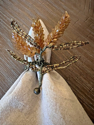 Pier 1 Amber Green Brown Beaded Floral Design Set Of 8 Napkin Holder Rings-image