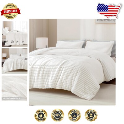 Cozy White Fleece California King Comforter Set with 2 Pillowcases for Winter-image