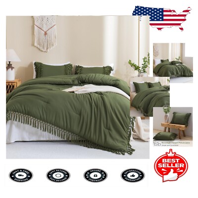 Queen Size Olive Green Tassel Comforter Set - Soft, Cozy, & Stylish Bedding-image