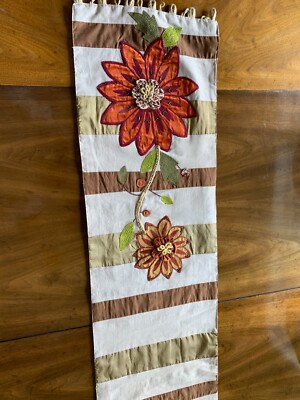 Pier 1 One Floral Embroidered & Beaded Orange Green Brown Red Gold Table Runner-image