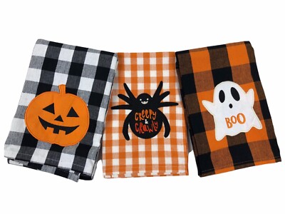 Design Imports Halloween Embellished Dishtowel Set of 3 New Spider Ghost Pumpkin-image
