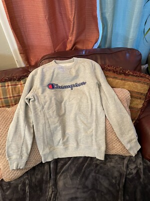 Champion Sweatshirt Mens M Crewneck Heather Gray SpellOut Pullover Sweater-image