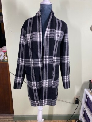 Max Studio Womens Sz S Open Cardigan Sweater Black White Plaid Warm Comfort Cozy-image