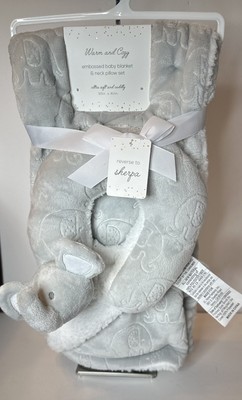 New Warm And Cozy Embossed Baby Blanket Elep Neck Pillow Set 30x40 Gray (D40)-image