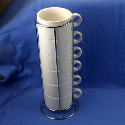 Pier 1 Imports 6 Stacking White Stoneware Coffee Cups 6 Oz & Metal Rack Tower-image