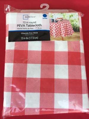 Mainstays BRAND NEW 70 inch Round Peva Table Cloth PICNIC PLAID RED & WHITE-image