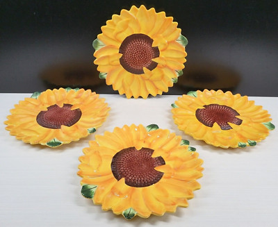 (4) Pier 1 Sunflower 3D Tidbit Plate Set Embossed Yellow Flower Accent Appetizer-image