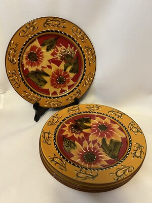 Pier 1 Imports Sunflower Hand Painted Terracotta 8” Salad/Desser Plates Set Of 4-image