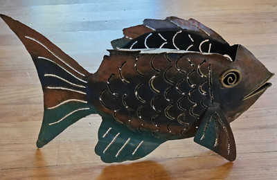 Pier 1 Imports Cut Out Metal Fish Tea Light Holder Brutalist Sculpture 16 inch-image