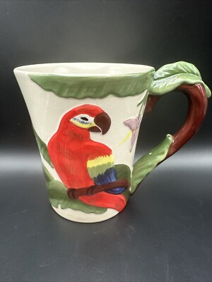 Pier 1 Imports Tall Stoneware Parrot Embossed Coffee Mug Cup Hand Painted 18 oz-image
