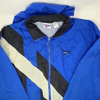 Vintage Reebok Big Logo Windbreaker White Black Blue Hooded Jacket Size Mens XL-image