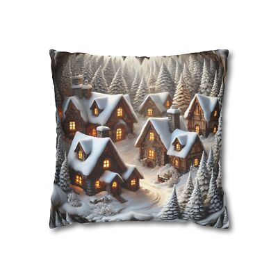 Cozy Winter Village Pillowcase, Snowy Cabin Scene Cover, Holiday Home Decor-image