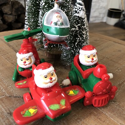 VTG Santa Airplane Train Helicopter Christmas Ornament Wind Up Toy Set Of 6-image