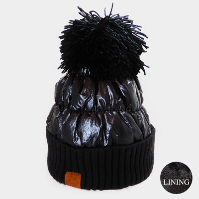 NEW Black Pleather Quilted Puff Soft Cozy Knit Beanie Hat w/ Fluffy Yarn Pom Pom-image