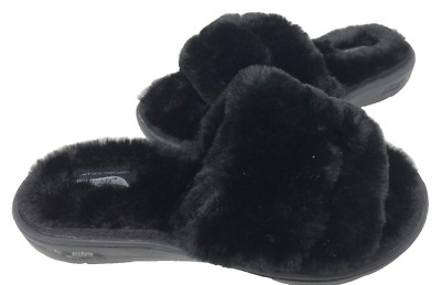 Skechers Women's Arch Fit Lounge Unwind Faux Fur Slides Sandals Blk Sz:10 201A-C-image