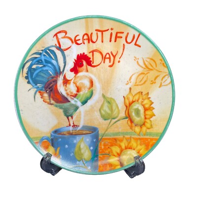Pier 1 Imports Beautiful Day Rooster Coffee 8” Diameter Stoneware Side Plate-image