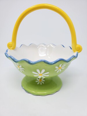 Pier 1 Imports Green Ceramic Basket Daisies Footed Spring Scalloped Rim & Base-image