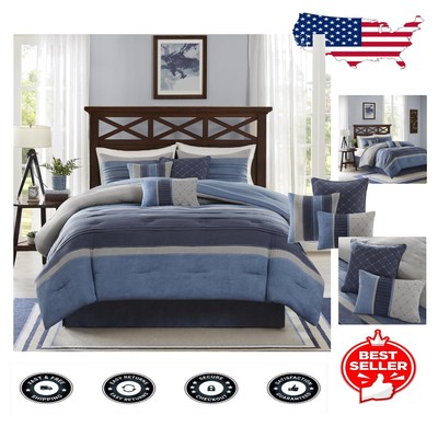 Cozy 7-Piece Queen Comforter Set - Modern Blue Grey Design for All Seasons-image