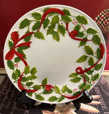 Pier 1 Imports-8” Salad Plate-RED RIBBON-Holiday Theme-FREE SHIPPING-Excellent-image