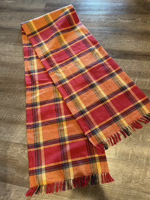 Pier 1 Imports Table Runner Fall Colors Plaid Cotton Fringe Tablecloth 72x14-image