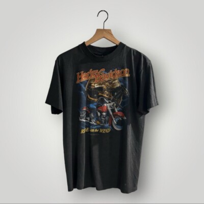 Vintage 1991 Harley Davidson Ride with the Wind 3D Emblem Biker Tee Size Large-image