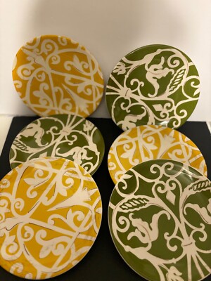 Pier 1 Imports 3 Yellow & 3 Green w/White Scrolls Salad Plates Set of 6 Retired-image