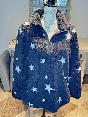 Cozy Sherpa 1/4 Zip Pullover Size Medium Navy White Stars Casual Comfort Womens-image