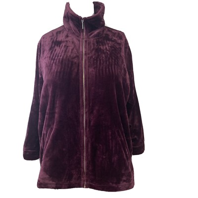 Catherines Velour Cardigan 22WP Full Zip Purple Long Sleeve Pockets Soft Cozy-image