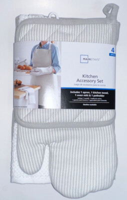 Mainstays - Set Of 4 Apron, Oven Mitt, Potholder & Kitchen Towel - Grey - NEW!-image