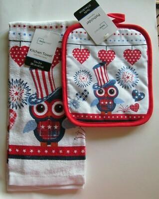 Americana Red White Blue Owl Design - Pot Holder & Kitchen Towel 2 pc. Set-image