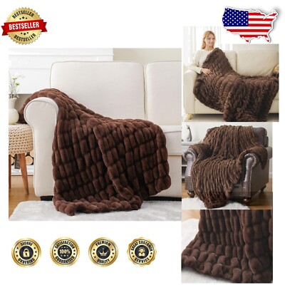 Elegant Chocolate Brown Ruched Faux Fur Throw - 50x60 Inches of Cozy Warmth-image