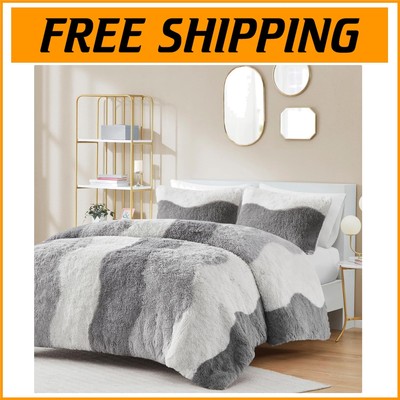 Soft Shaggy Faux Fur Comforter Set with Wave Pattern - Full/Queen Grey Luxury-image