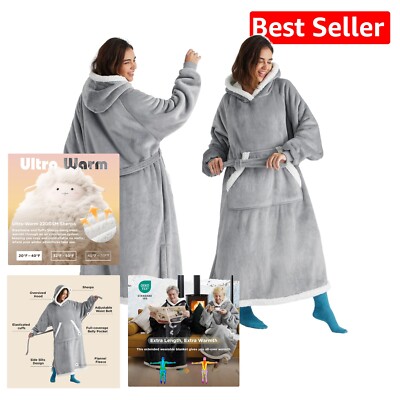 Cozy Wearable Blanket Hoodie - Long Sherpa Grey Hooded Sweatshirt for Adults-image