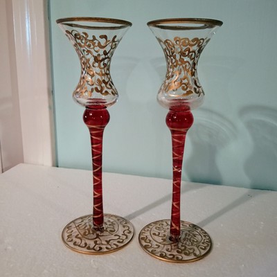 RIOJA PIER 1 IMPORTS Ruby Red Gold Scrolls Hand-Painted Crystal Candle Holders -image