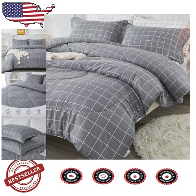 Cozy Twin Size Down Alternative Comforter Set - Grey Grid for Stylish Bedrooms-image