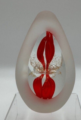 Art Glass Paperweight Oval Shaped W Red Design Inside, by 3-G Imports-image