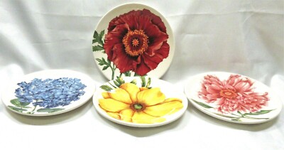 Pier1 Floral Medley Appetizer Flower Plates x4 Red Yellow Blue Pink Coupe Design-image