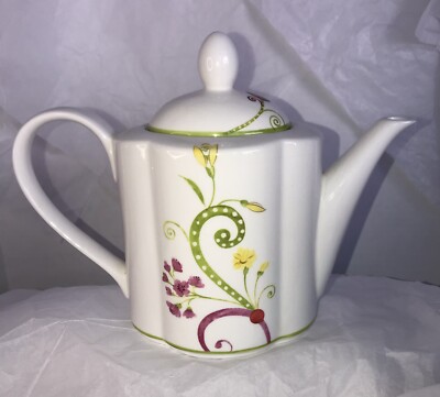 Pier 1 Imports Teapot Lyda for Dolomite White Pink Yellow Green Floral Scrolls -image