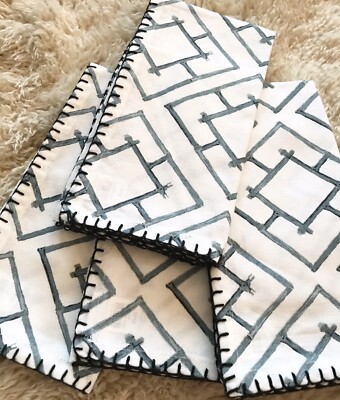 PIER 1 IMPORTS SET OF 4 BAMBOO STITCHED WHITE/BLUE 100% COTTON CLOTH NAPKINS-image