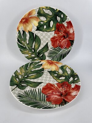 PIER 1 IMPORTS Tropical Hibiscus Flower leaf patio lunch plates set 2-image