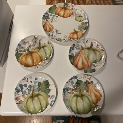 Pier 1 Grateful Harvest Salad Plates 8” Set of 4 Pumpkins & 1 Large 11” Plate-image