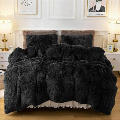 NEW ~ COZY & PLUSH LUXURY FLUFFY ULTRA SOFT MODERN FAUX BLACK FUR COMFORTER SET-image
