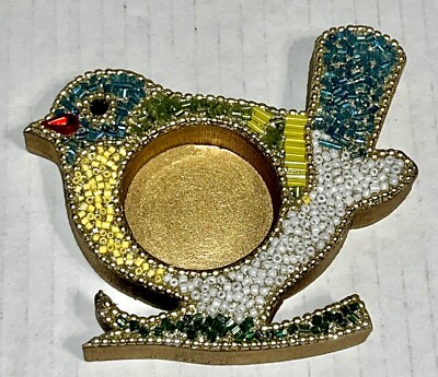 Pier 1 Imports Multi Beaded Bird Tealight Candle Holders “Bedazzled” Wood-image