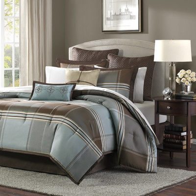 NEW! ~ COZY CLASSIC BLUE BROWN GREY IVORY WHITE PLAID CABIN STRIPE COMFORTER SET-image
