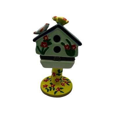 Pier One Ceramic Birdhouse Trinket Box With Floral Design & Bird Figurines-image