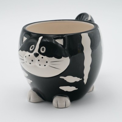 Pier 1 Imports Chubby Cat Black & White Hand Painted Dolomite 12 oz Coffee Mug-image