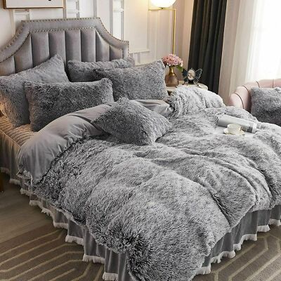 NEW! ~ COZY MODERN SHABBY CHIC FUR GREY ULTRA SOFT PLUSH SHAGGY COMFORTER SET-image