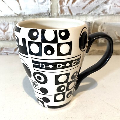 Pier 1 Porcelain Hand Painted Earthenware  Black & White Art Design Coffee Mug-image