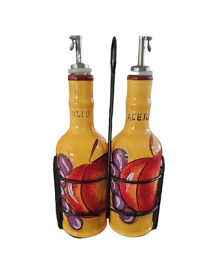 Ceramic Oil & Vineger Cruet Set~European Design by J&S Imports~Metal Holder-image